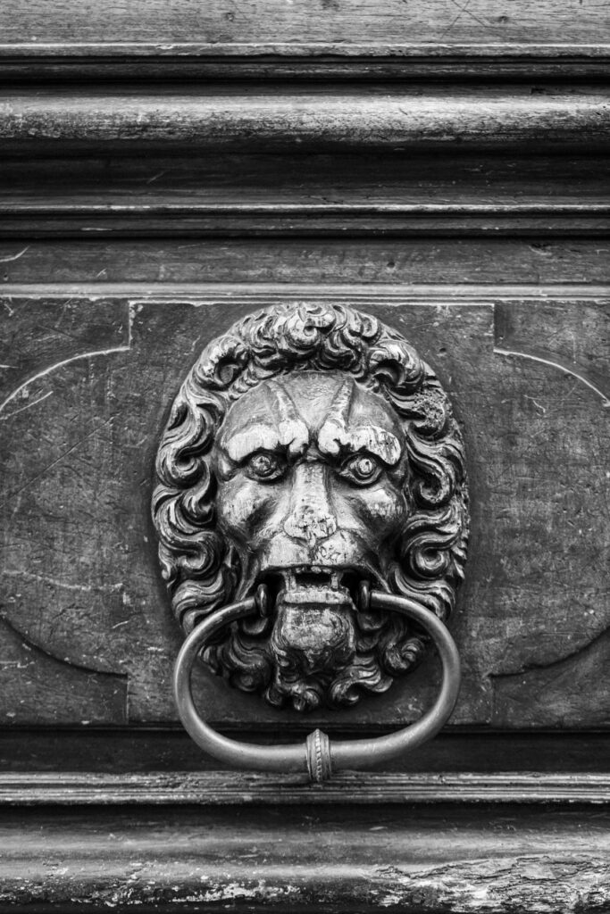 Heurtoir à tête de lion sur porte ancienne, Vieille-Ville de Genève — photographie noir et blanc, Benoît Bruchez