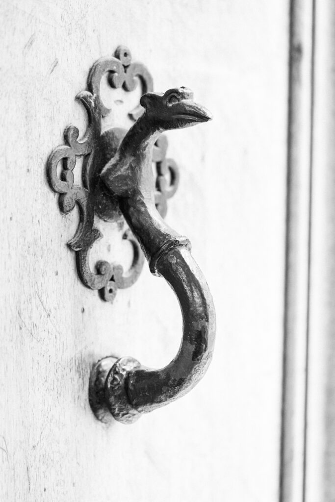 Poignée à tête d’aigle sur porte ancienne, Vieille Ville Genève, photographie noir et blanc grain Ilford HP5