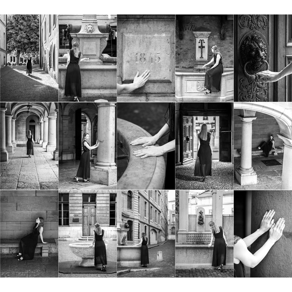 Planche de quinze photographies noir et blanc de Tessa dans la Vieille-Ville de Genève : ruelles, arcades, fontaines, portes et heurtoir au lion